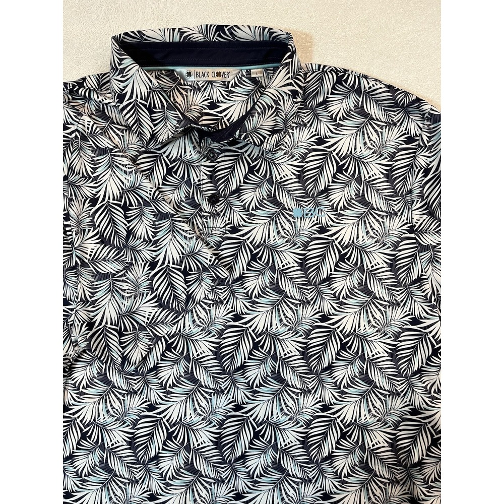 Black Clover Polo Shirt Mens Large Black White Palm Leaf Print Golf Performance‎